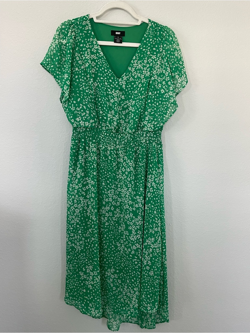 DKNY Green Floral Flutter Sleeve High Low Midi Dress 12P Petite